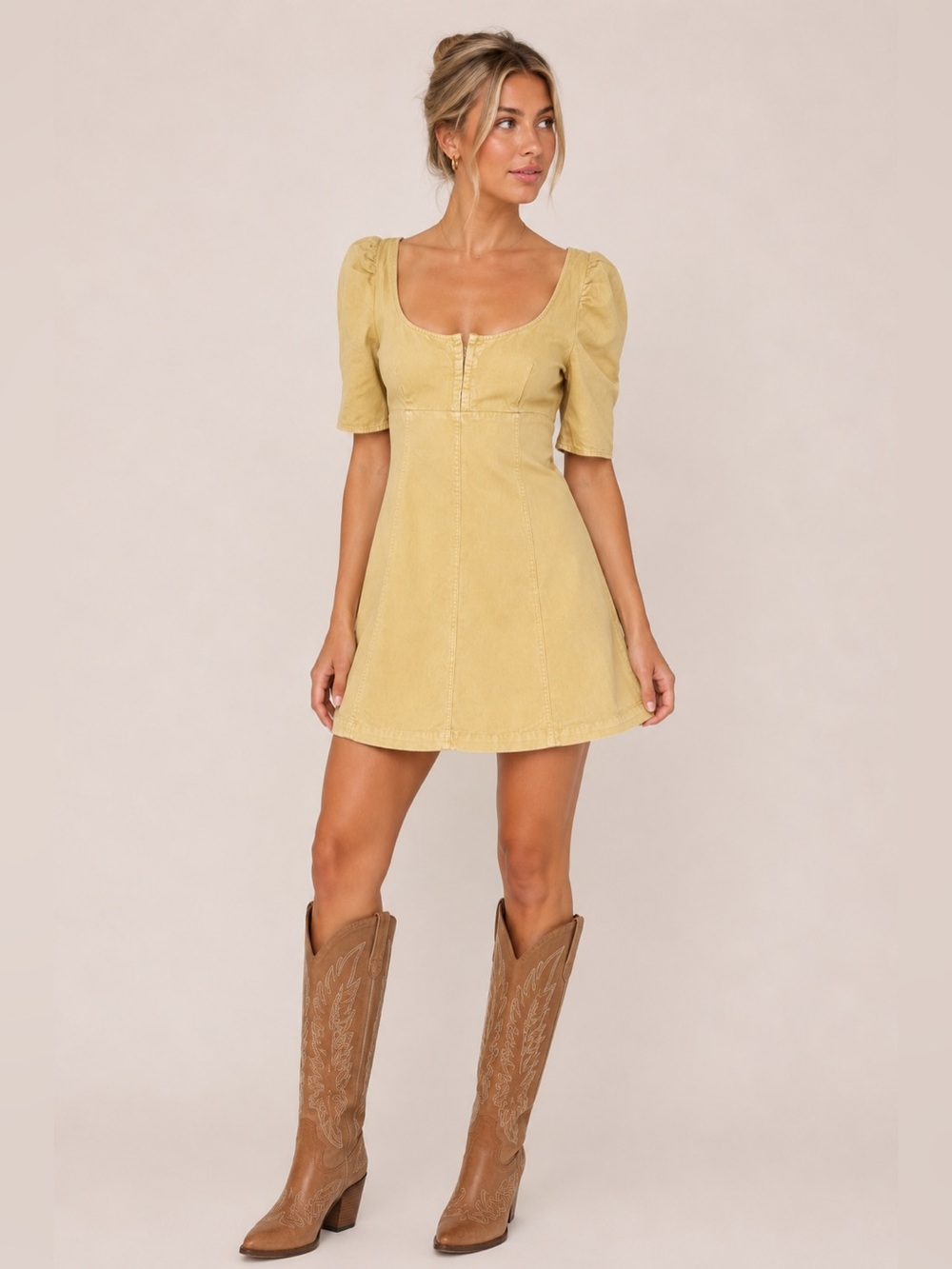 Free People Cheyenne Denim Mini Dress Butter Yellow Puff Sleeve SP